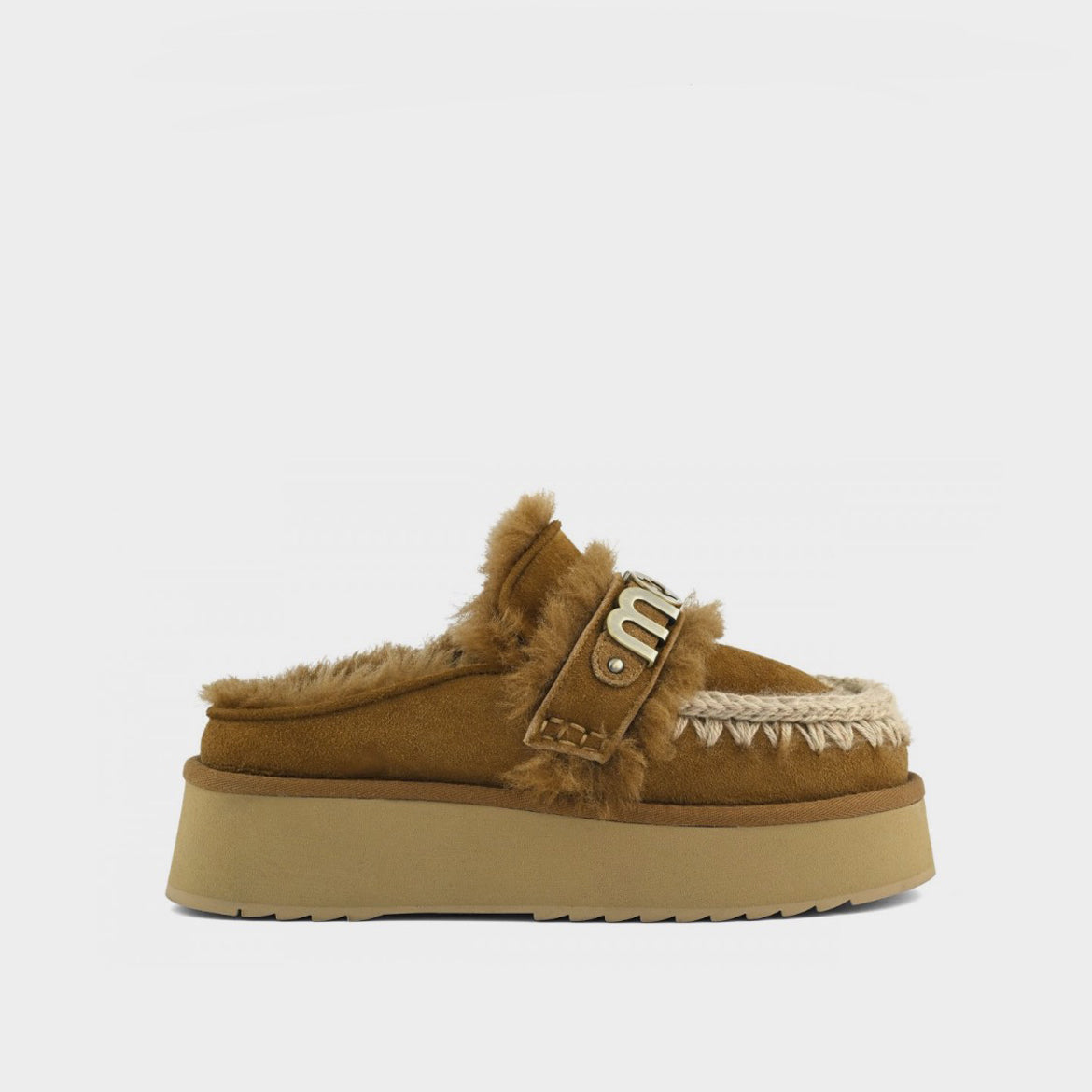 Mou Boots AI25-26 Platform Clog Strap Logo Cognac Suede - Kirù Boutique 28 | Chiavari